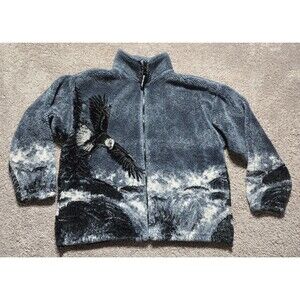 Vintage Black Mountain Deep Pile Eagle AOP Fleece Zip Jacket USA Made Large
